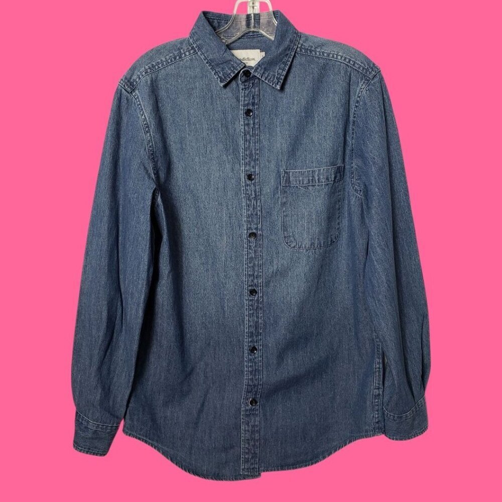 Godfellow & Co Mens Long-Sleeve Denim Button-Up Shirt Chest Pocket Blue Small